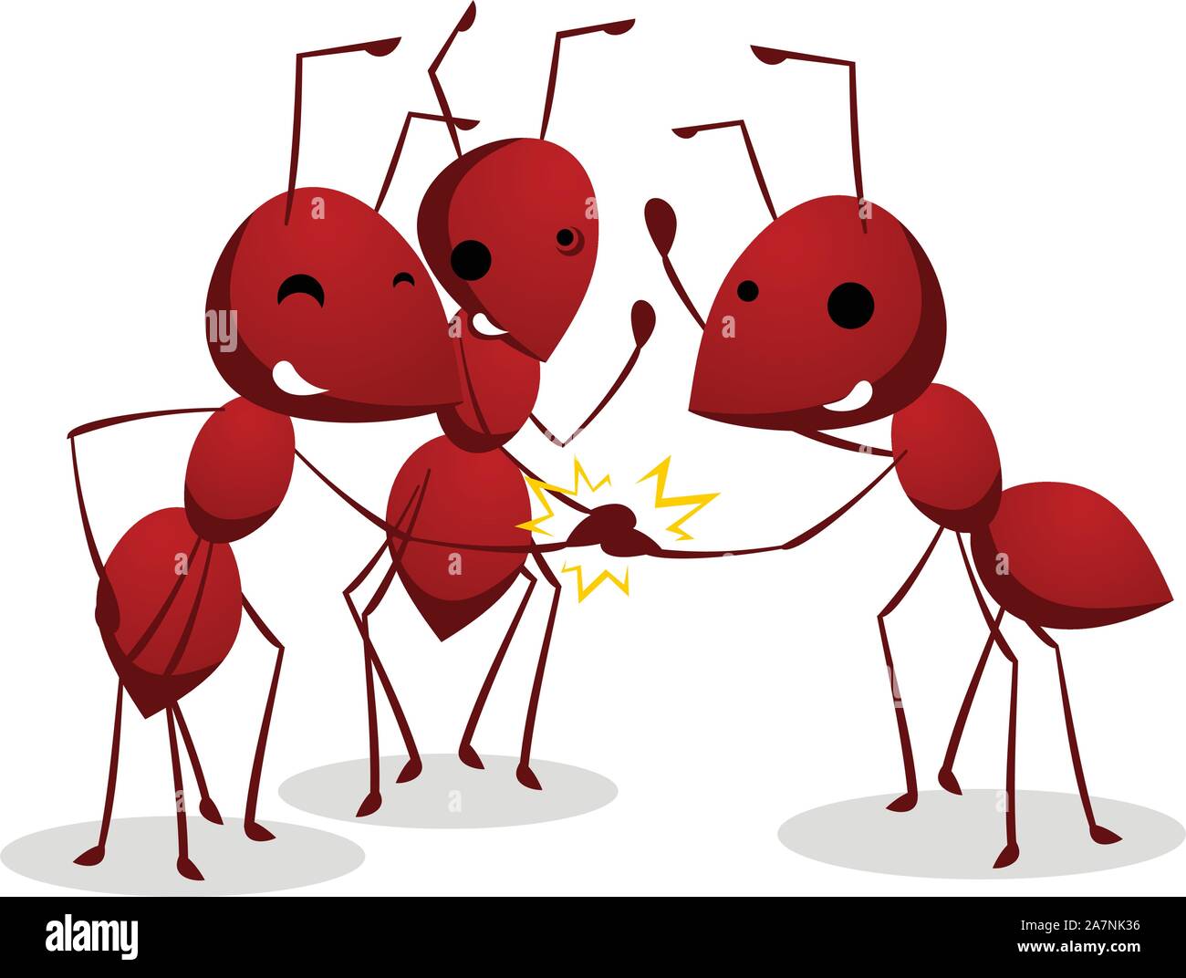Three Ants team shaking teamwork hands, with three brown ants vector illustration. Stock Vector
