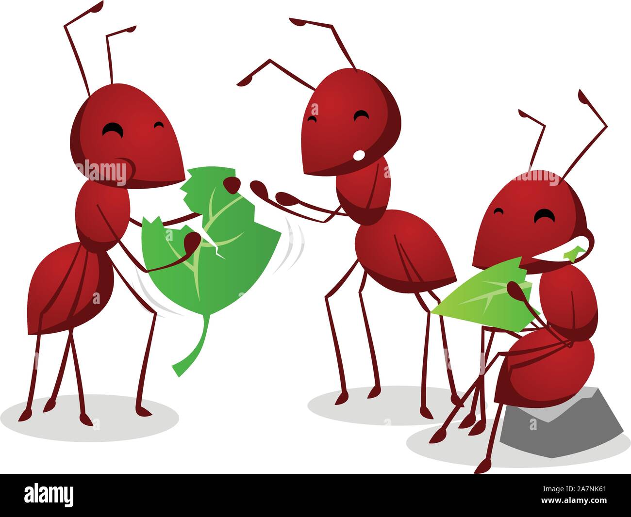 Group of three cartoon ants eating green leafs together, three brown ants vector illustration. Stock Vector