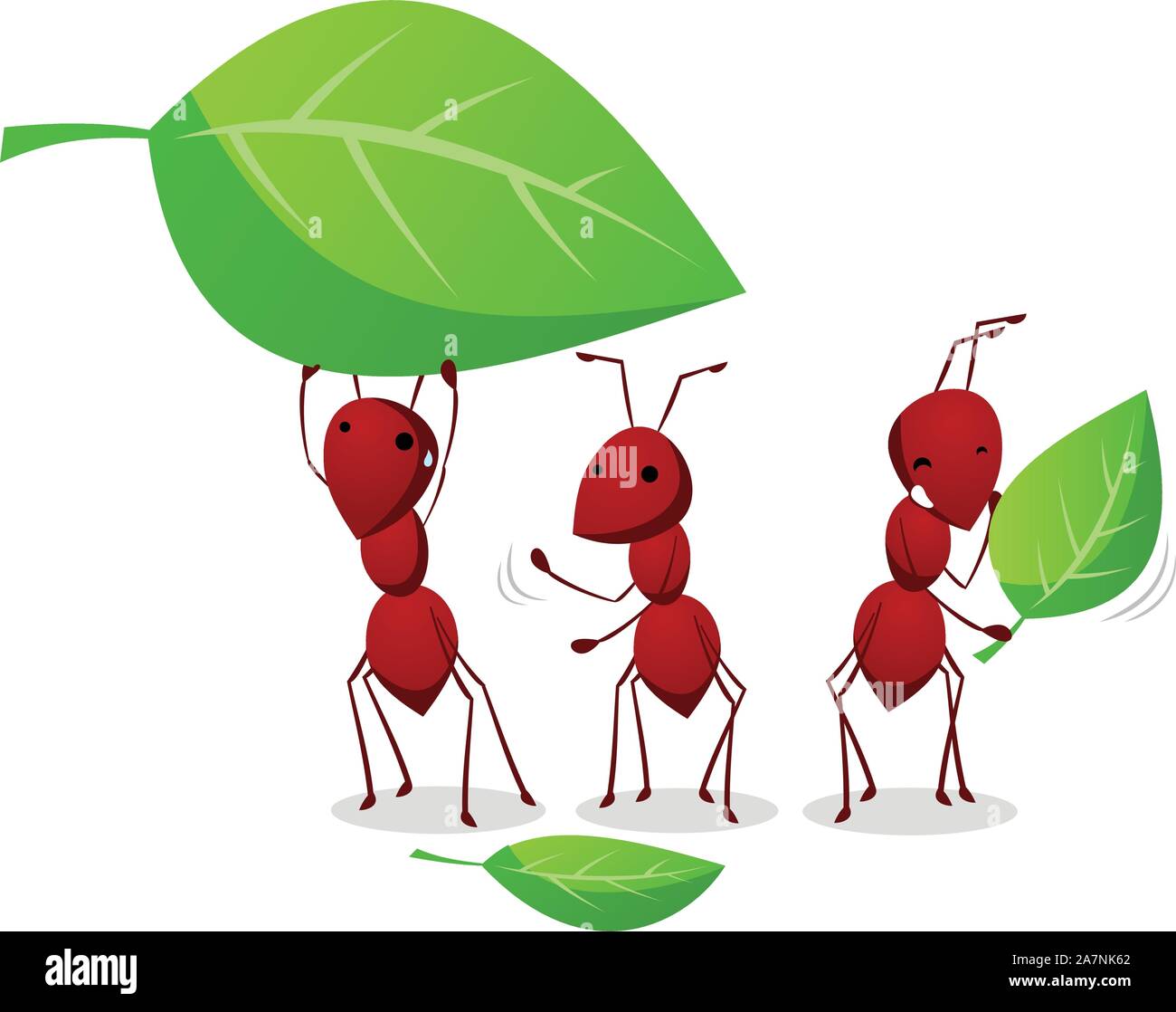 Three Cartoon Ants working organized in order to carry three leafs to the ant nest vector illustration. Stock Vector