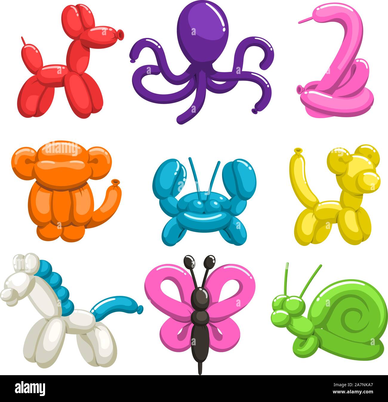 Ballon Animal Set, with dog, octopus, monkey, crab, horse, pony, butterfly, doggy, cat, kittle, snail, marble crab. Vector illustration cartoon. Stock Vector