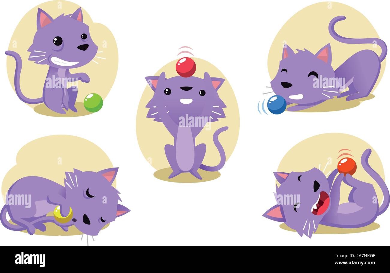 Cat playing with a ball action set. Stock Vector