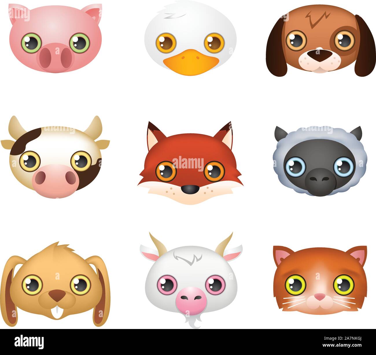 Cute farm animal faces like: Fox, Dog, Duck, Cow, Rabbit, Goat, Sheep, Pig and Lamb vector illustration. Stock Vector