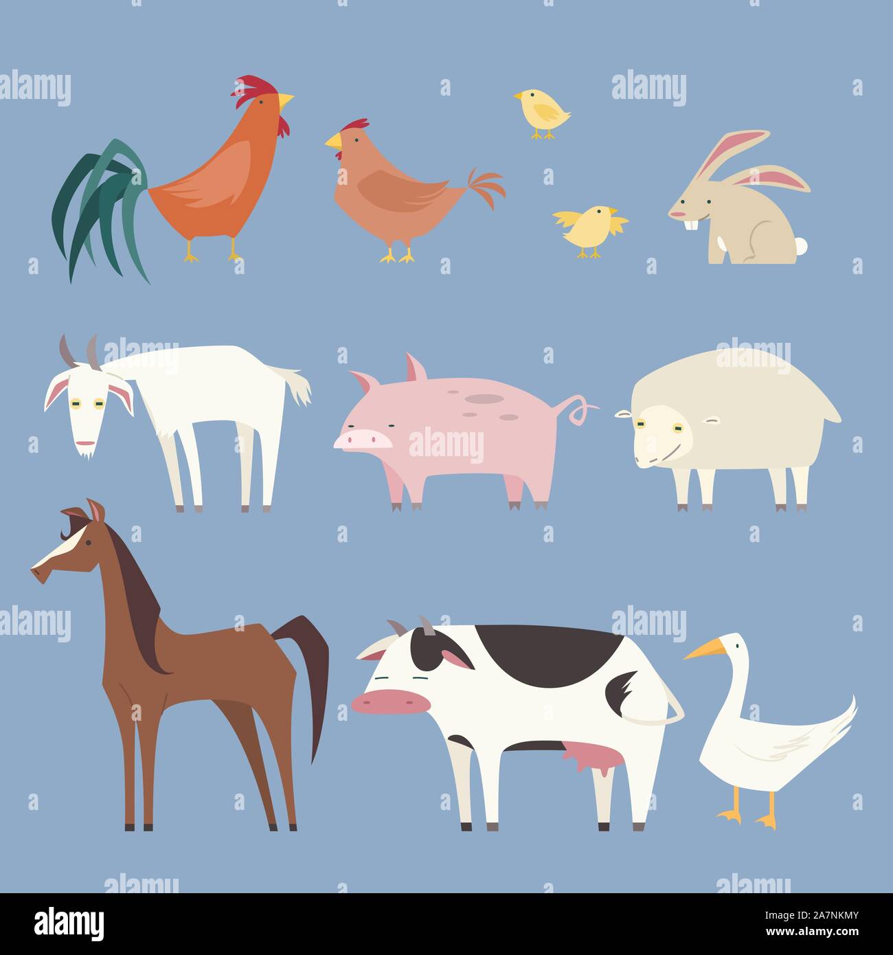 Farm animals collection, with nine different farm animals like: rooster, hen, chicken, rabbit, pig, sheep, horse, cow and duck vector illustration Stock Vector