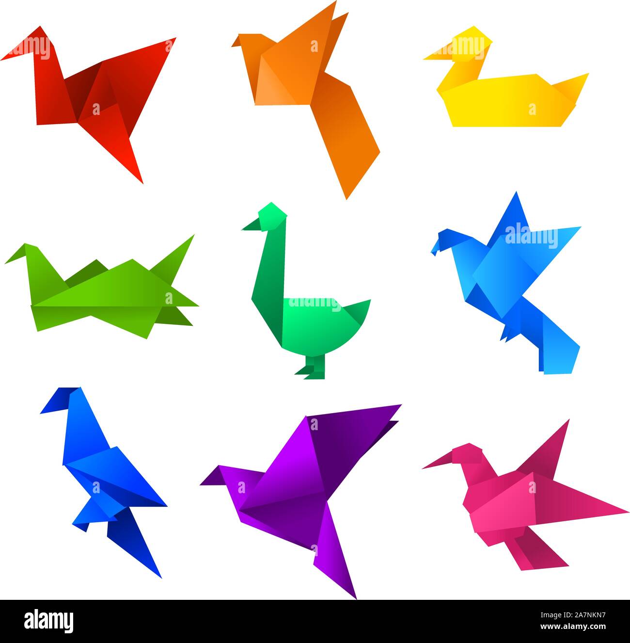 Origami birds icons set. With nine (9) different origami birds in different colours like: red, orange, yellow, green, turquoise, blue, light blue, vio Stock Vector
