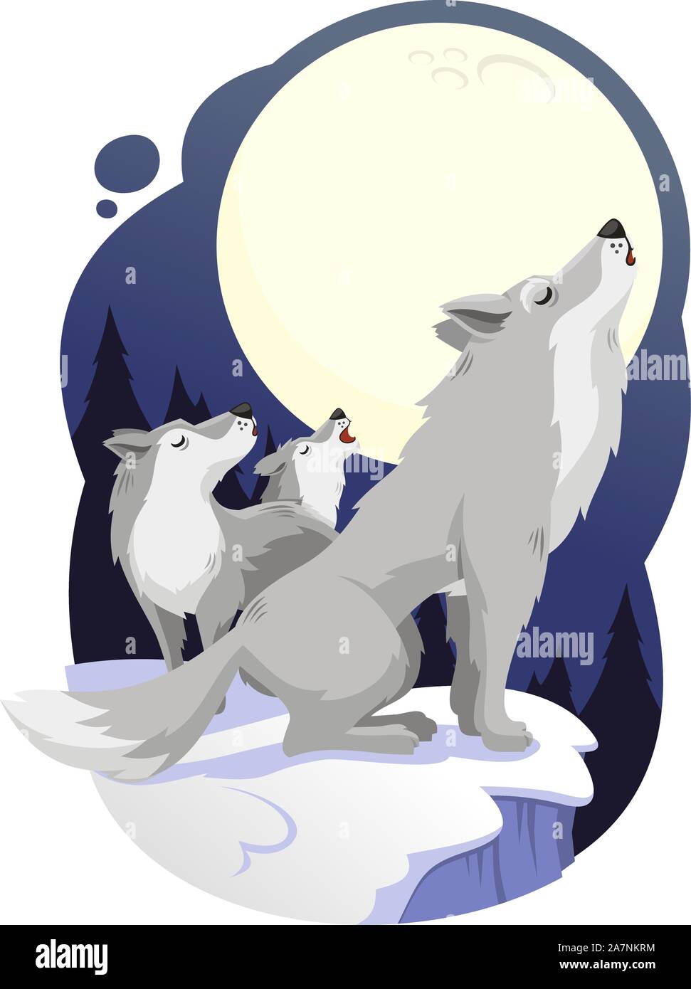 wolves howling to full moon vector cartoon illustration Stock Vector