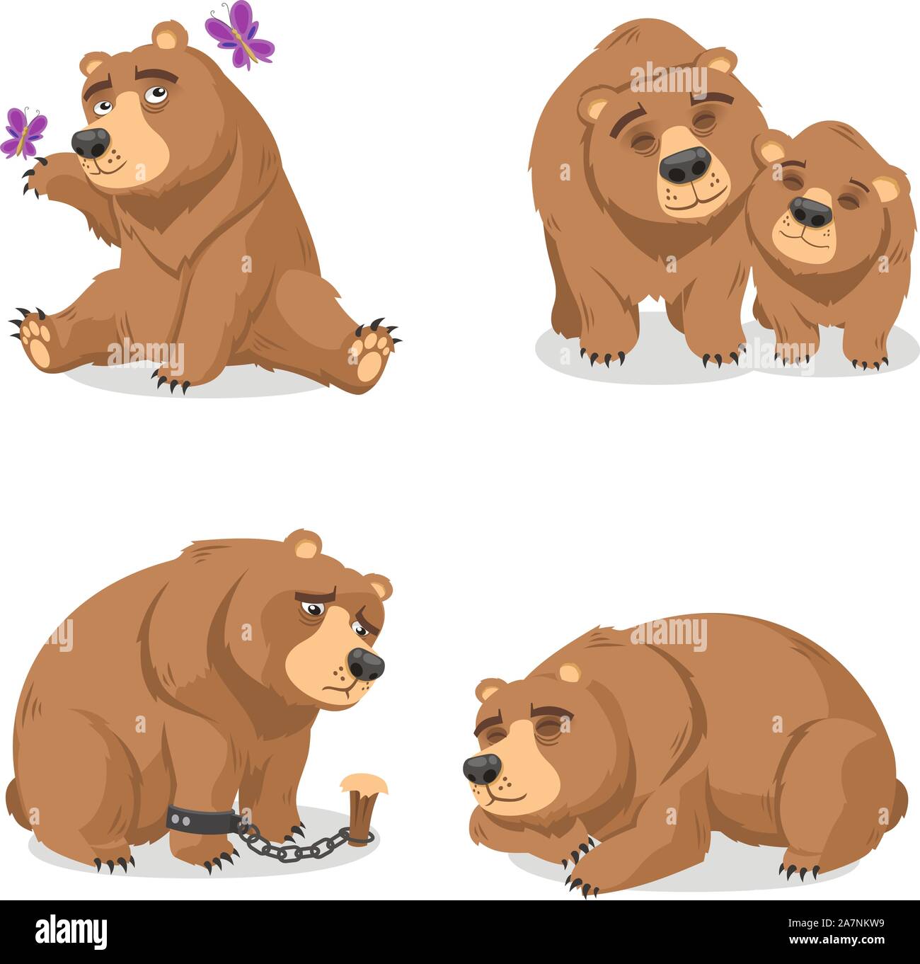 Grizzly Brown Bear vector illustration cartoon set, with Brown grizzly bear in four different situations like bear playing with butterfly, bear with b Stock Vector
