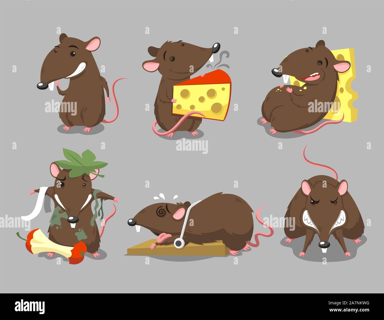 Rats Rodent Cheese Trap set, with standing rat, eating cheese rat, sleeping on cheese rat, hungry rat, angry rat and trapped rat vector illustration c Stock Vector