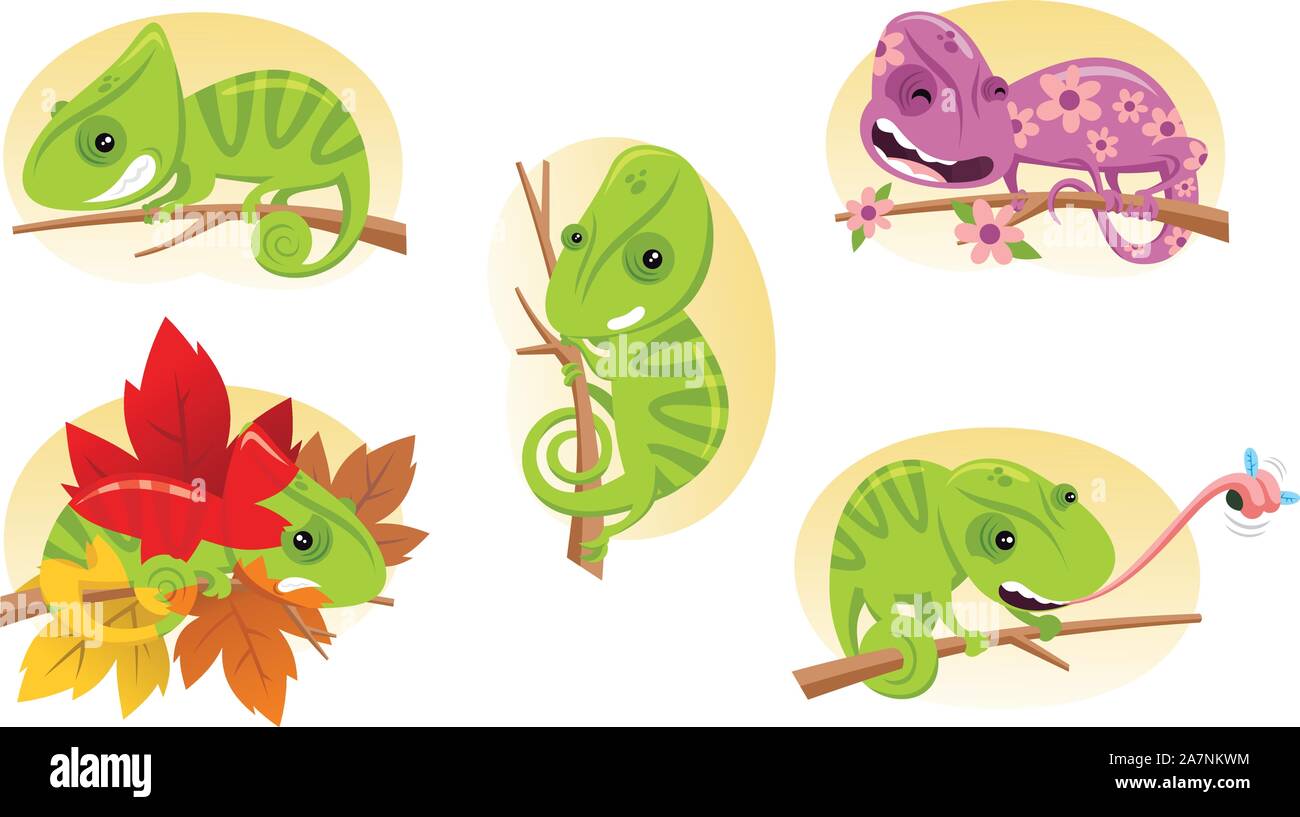 Cartoon chameleon in action set collection. With Four Chameleons and one lizard changing to violet. Stock Vector