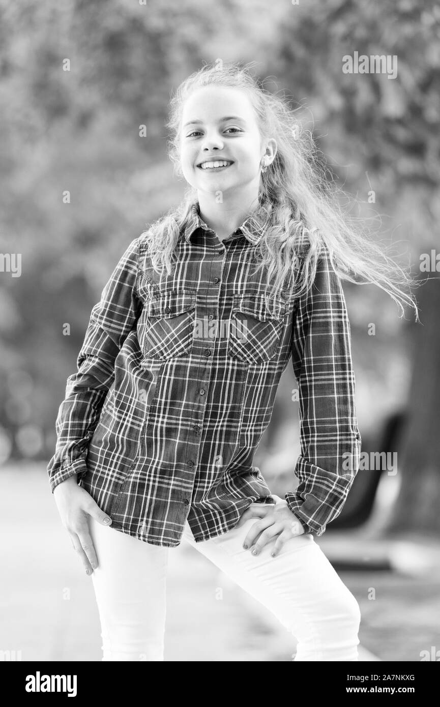 Girl Little Cute Child Enjoy Walk On Windy Day Nature Background