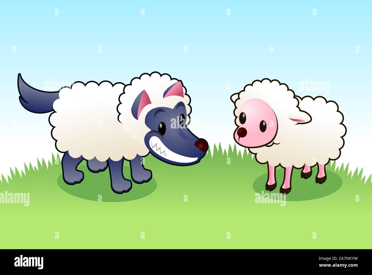 Wolf in sheep’s clothing smiling evilly of innocent sheep, with blue wolf and pink sheep, grass vector illustration. Stock Vector