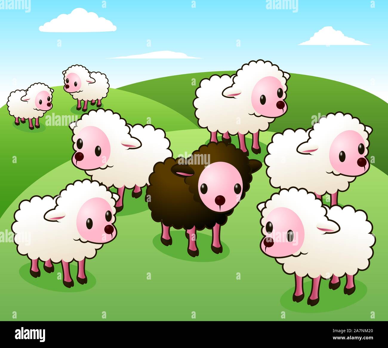 One black sheep on white flock group of sheeps vector illustrator. Stock Vector