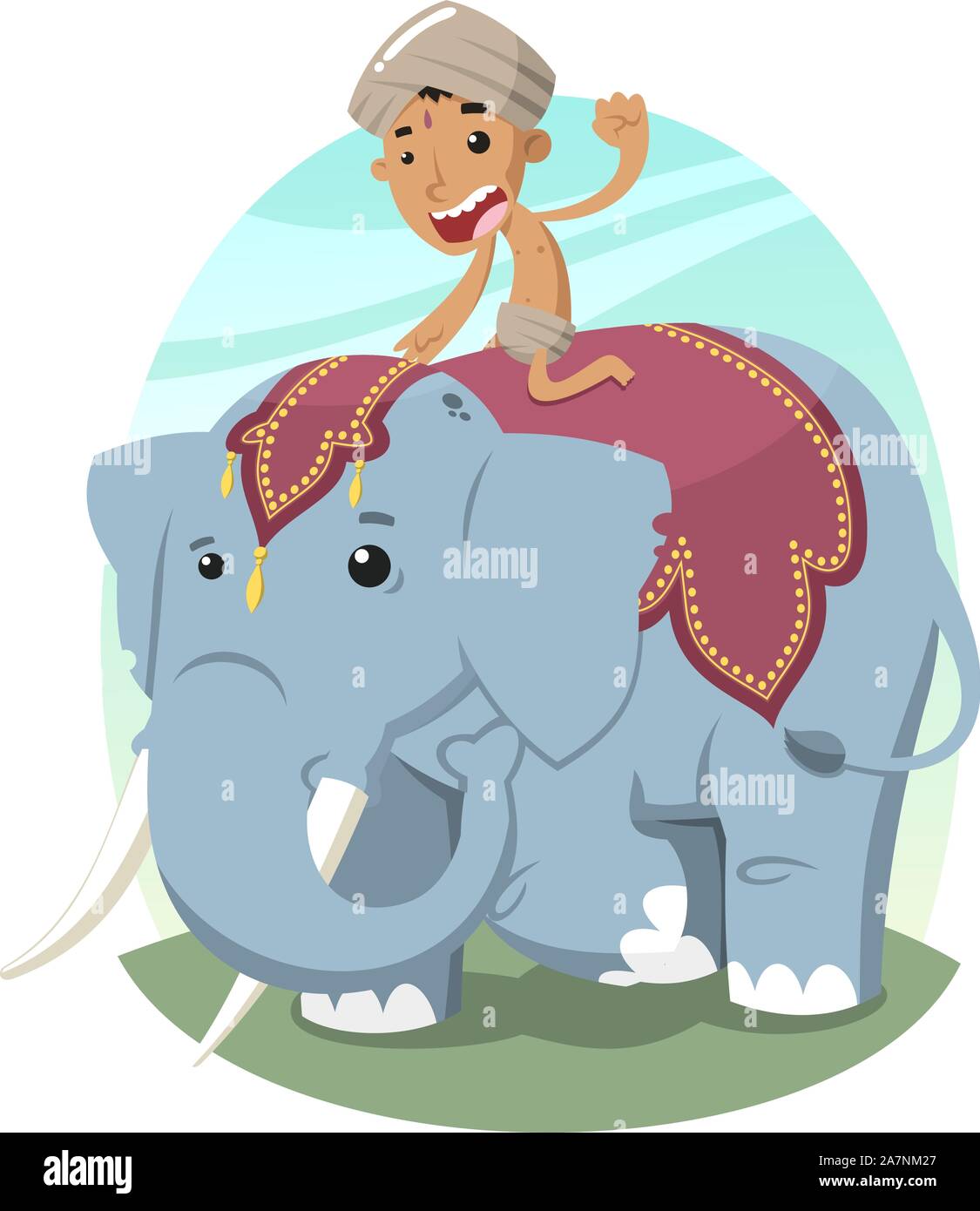 Indian Boy with Turban Riding an Elephant, vector illustration cartoon. Stock Vector
