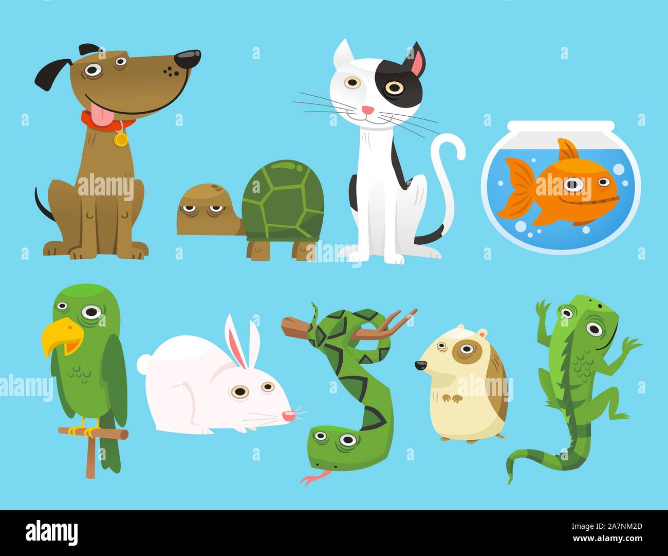 Animal set, with Dog, Turtle, Cat, Bowl Fish, Parrot, Bunny, Snake, Lizard, Mouse. Vector Illustration Cartoon. Stock Vector