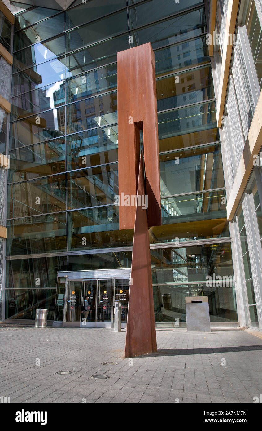 Ptolemy's Wedge sculpture was constructed in 2006 of weathering COR-TEN steel  by artist Beverly Pepper in Minneapolis, Minnesota. Stock Photo