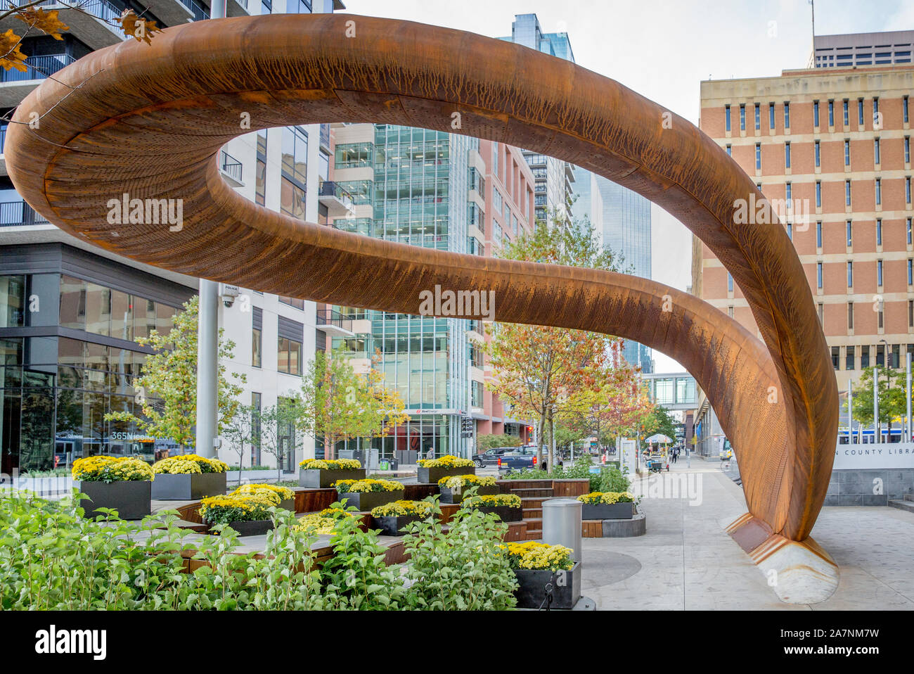 The 10-ton sculpture called Nimbus by Tristan Al-Haddad is outside the Hennepin County Central Library in downtown Minneapolis, Minnesota.  It is cons Stock Photo