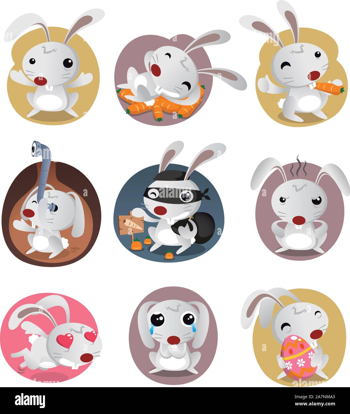 Rabbit Set with nine different bunnies like: Standing Bunny, Cony sleeping on carrots, Leveret eating carrot, spying bunny, bunny burglar, in love bun Stock Vector