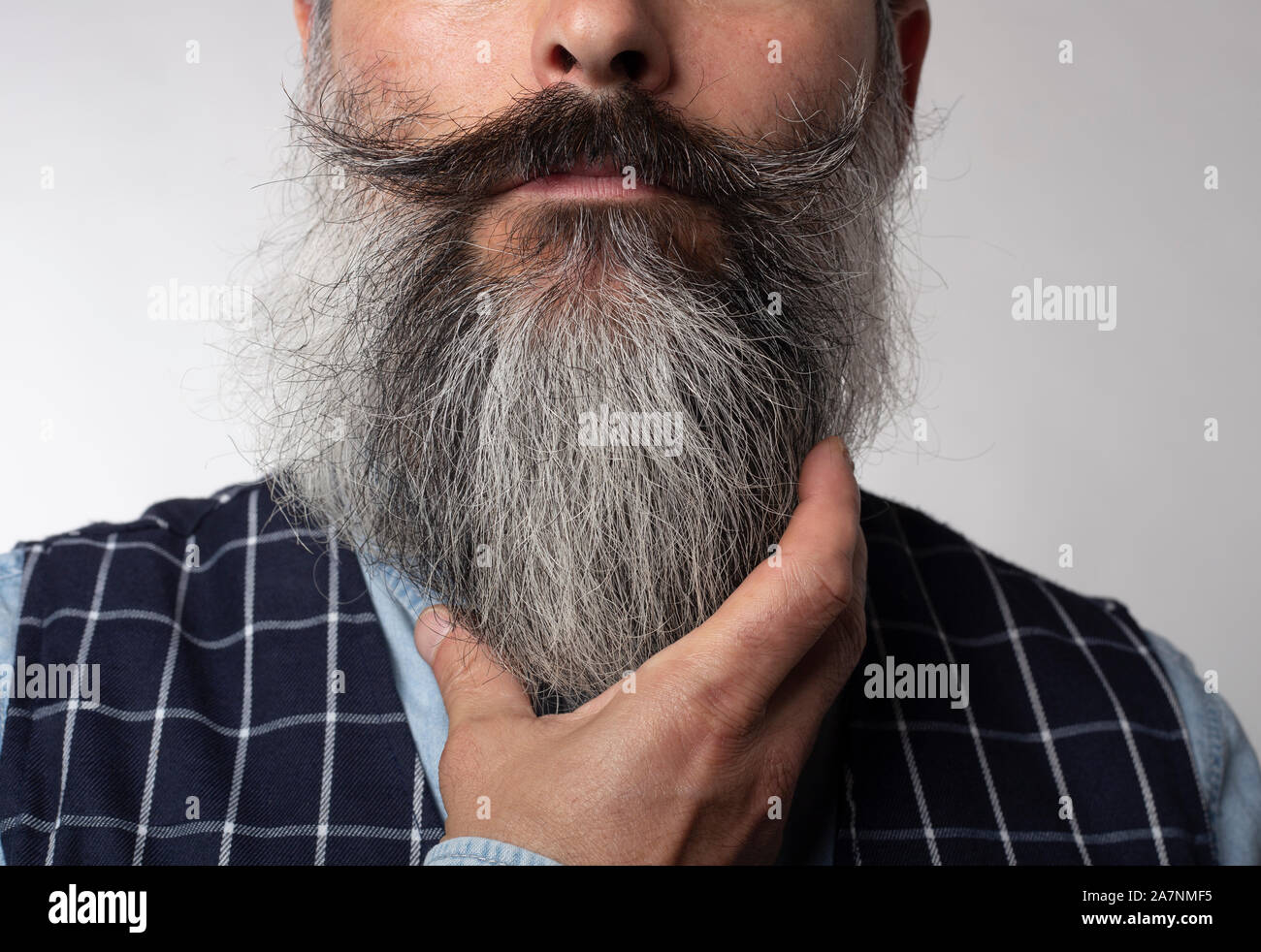 Closed shot of beard of man with pronounced mustache isolated on white background Stock Photo