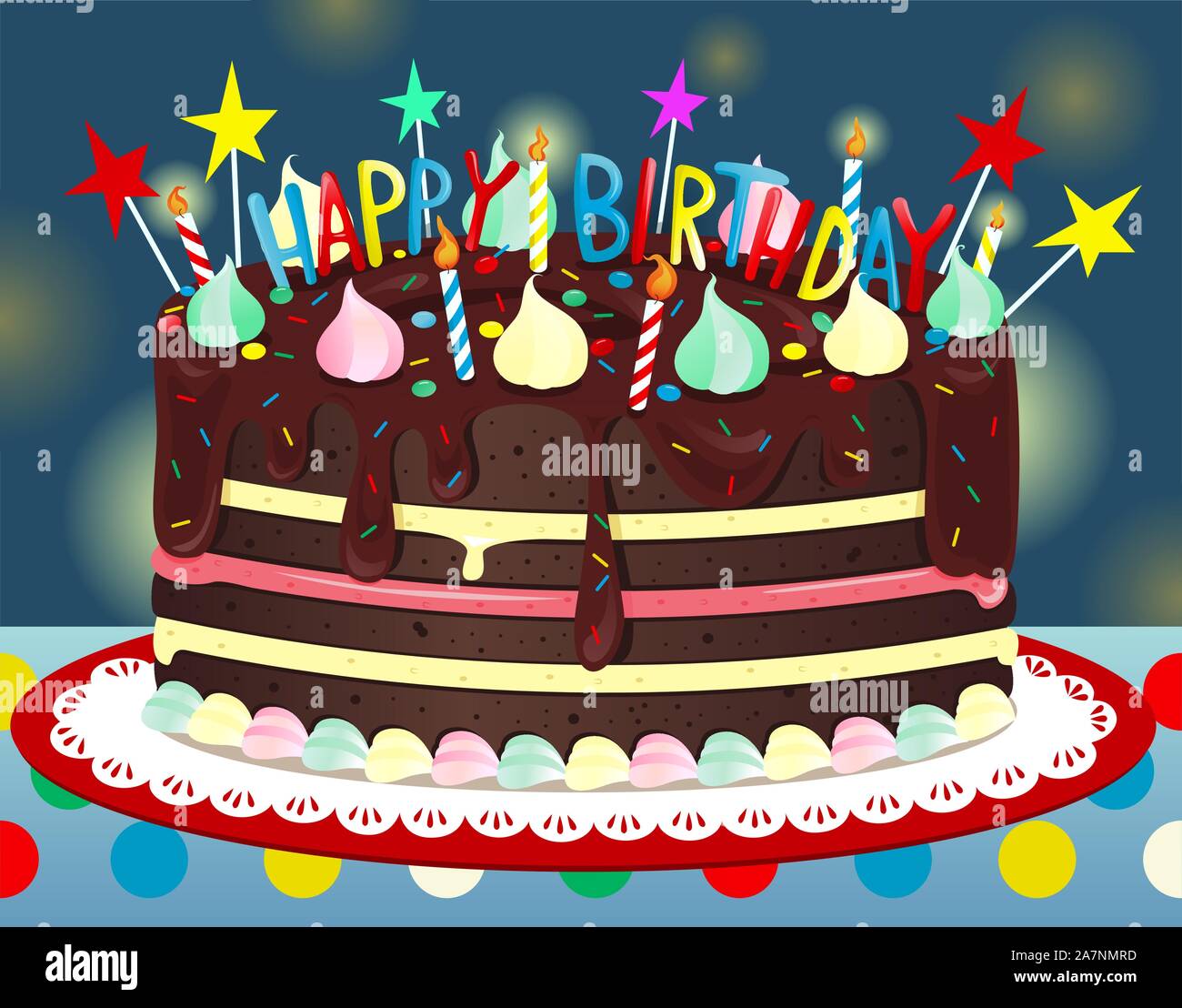Happy Birthday Chocolate Cake, with six candles and six stars vector illustration Stock Vector
