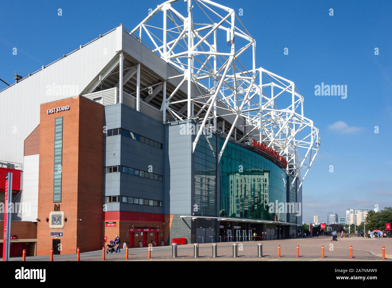 Main entrance to Manchester United Old Trafford football ground, Sir Matt Busby Way, Stretford, Trafford, Greater Manchester, England, United Kingdom Stock Photo