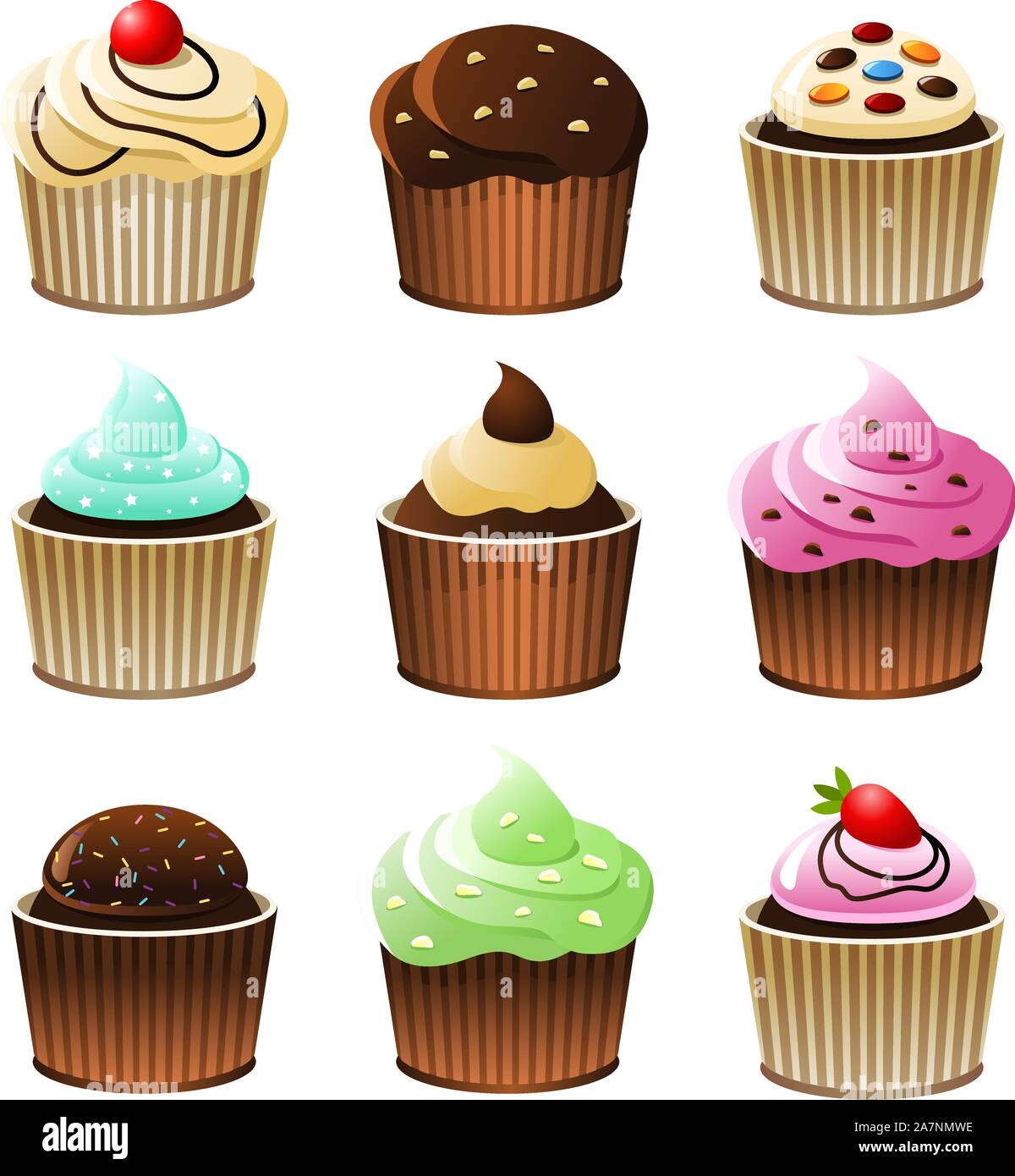 Cupcake cup cake icon set, with nine cupcakes with different topping vector illustration. Stock Vector