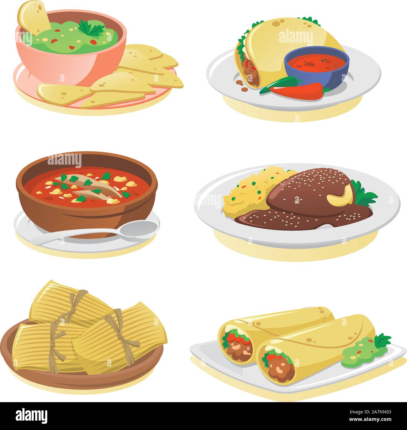 Mexican cuisine dishes cartoon illustration set Stock Vector