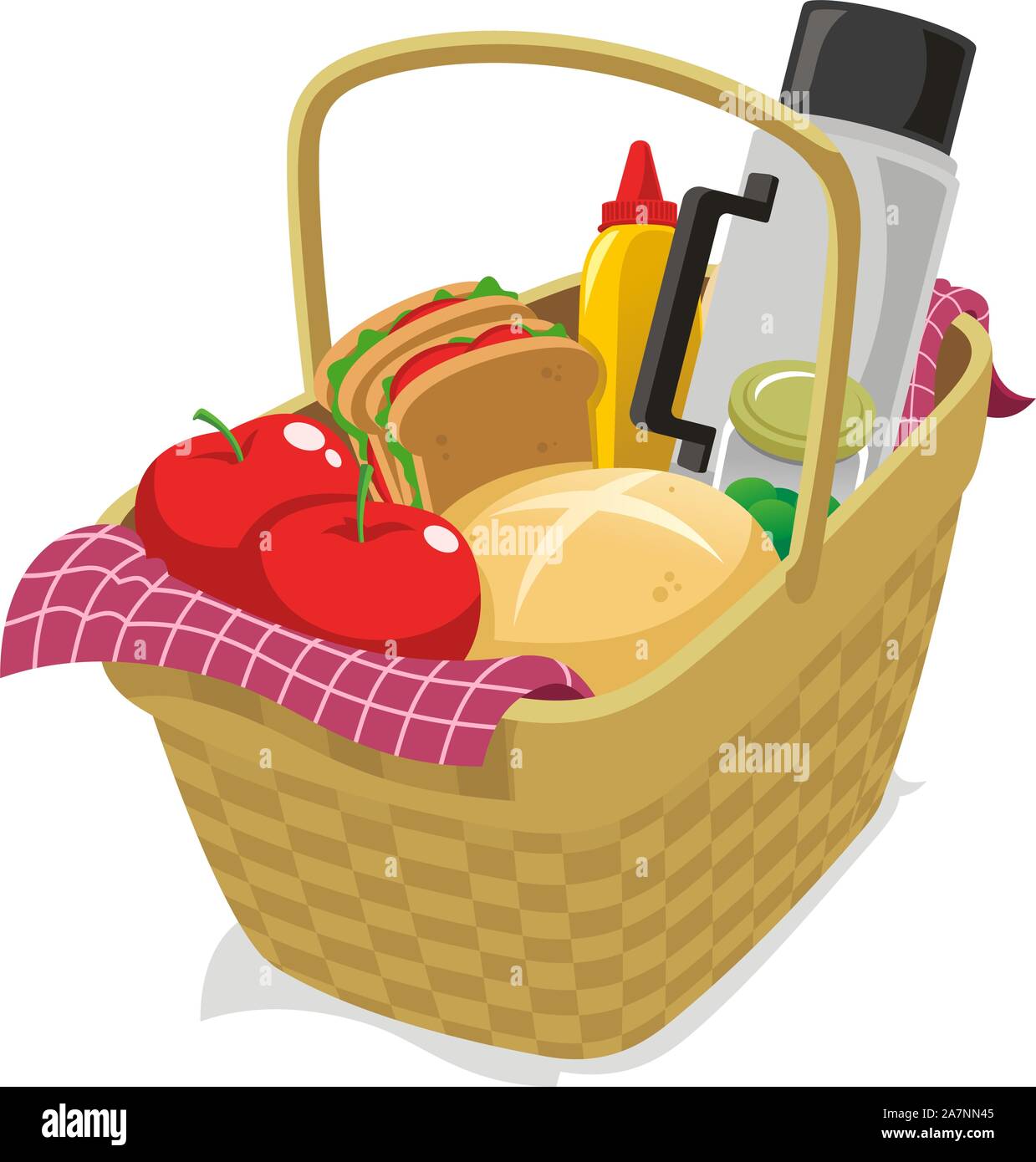 Picnic basket filled with food cartoon illustration Stock Vector Image &  Art - Alamy