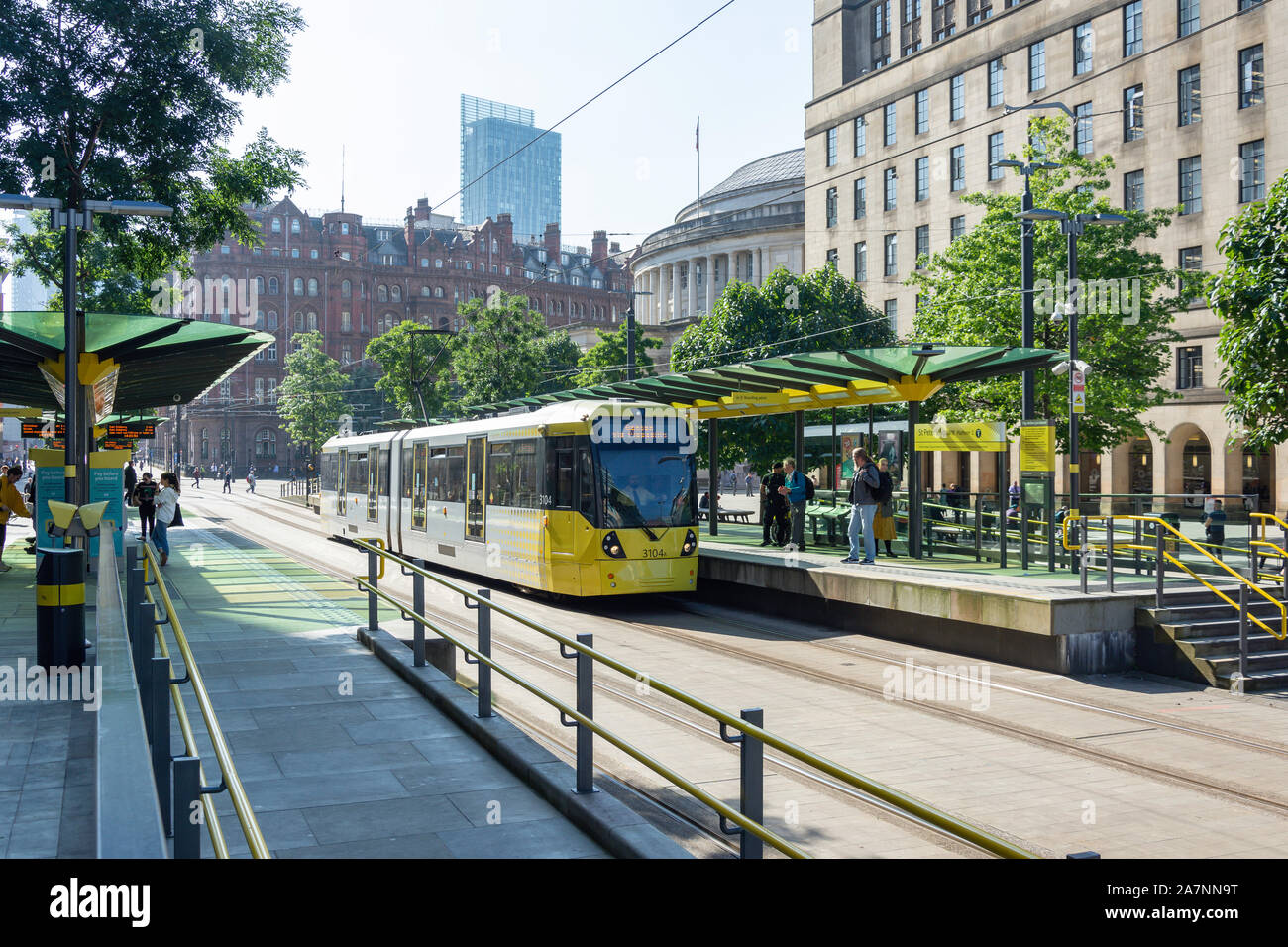 Manchester Metrolink train at St Peter's Square Station, St Peter's Square, Manchester, Greater Manchester, England, United Kingdom Stock Photo
