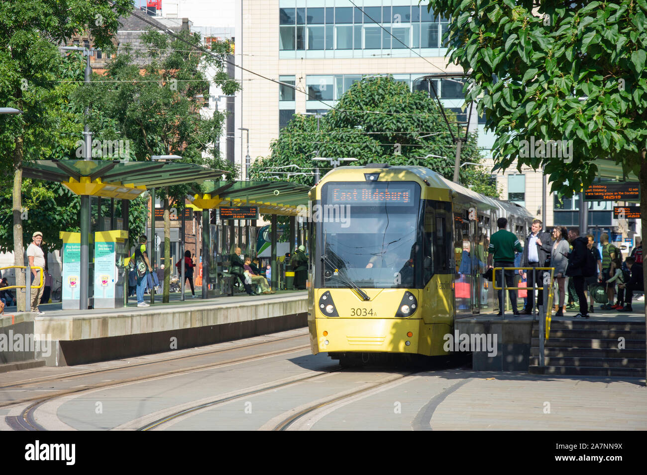 Manchester Metrolink train at St Peter's Square Station, St Peter's Square, Manchester, Greater Manchester, England, United Kingdom Stock Photo