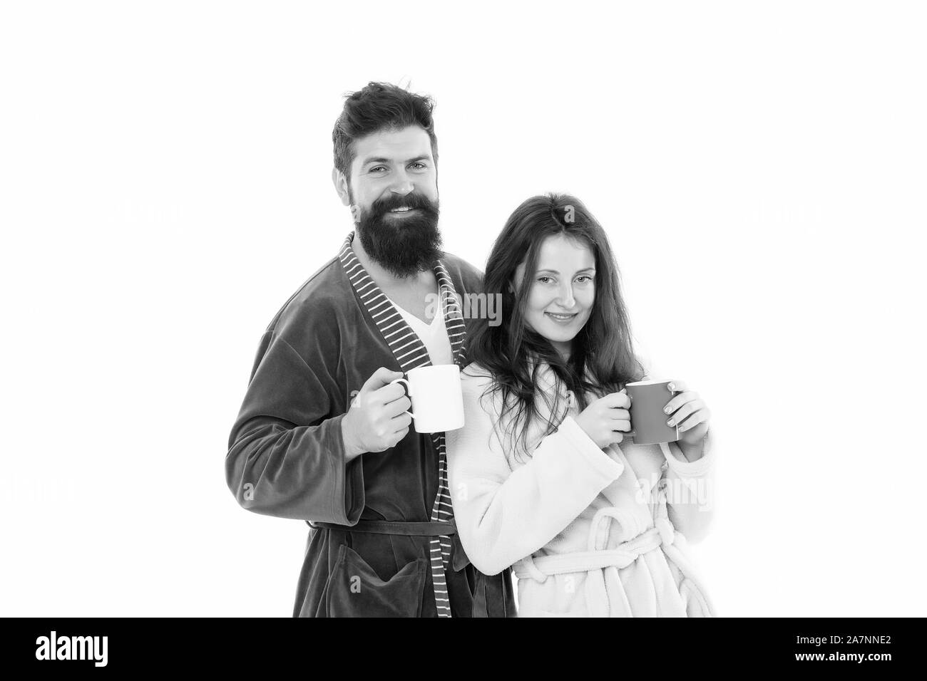 Caffeine power concept. Couple enjoy lazy weekend and drink coffee