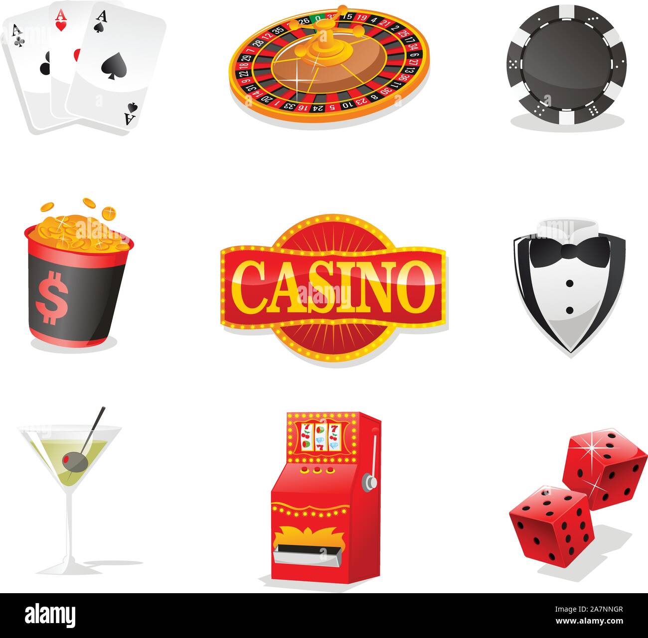 Casino design elements, with Cards, Roulette, poker Chips, Coins, Casino Sign, Suit, Drink, Slot Machine and Dices. Stock Vector