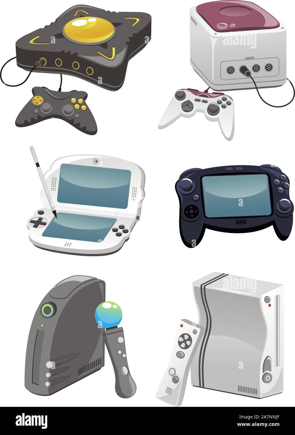 video game consoles illustrations close to modern consoles, some invented. Stock Vector