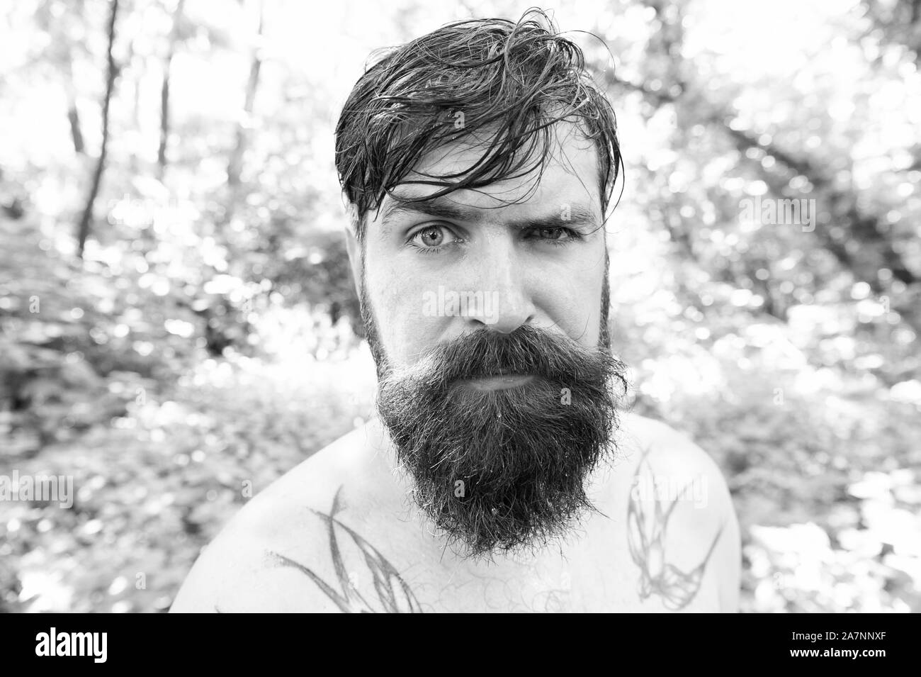 Treat Your Hair Today Bearded Man With Wet Oily Hair On Natural