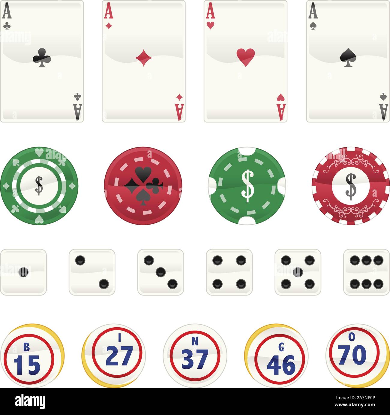Casino Icon set, with Aces Cards, Poker chips, dices and chips. Vector