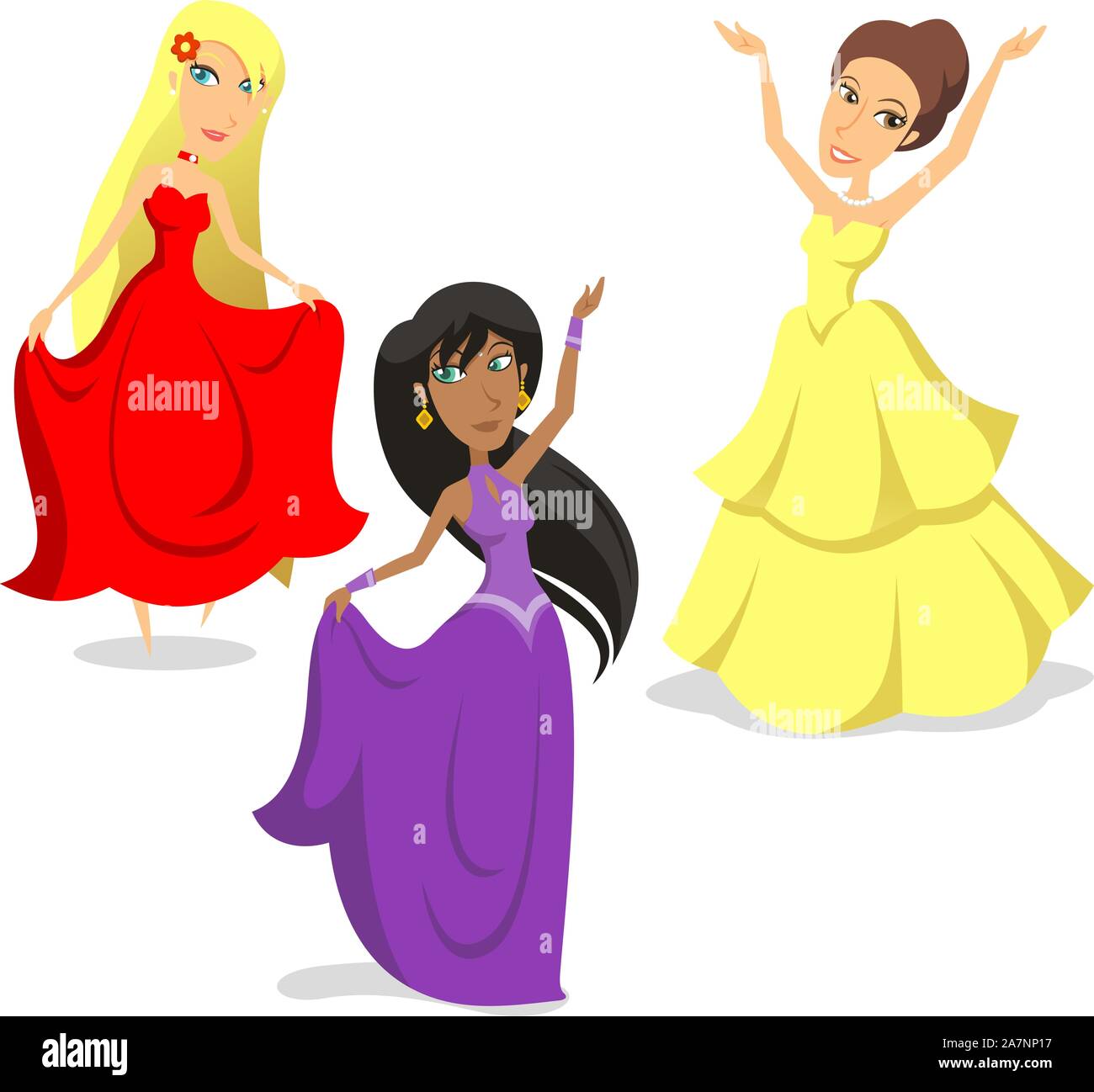 Princess Queen Collection, with three standing princess, with three different dresses, with different colors and shapes. Vector illustration cartoon. Stock Vector