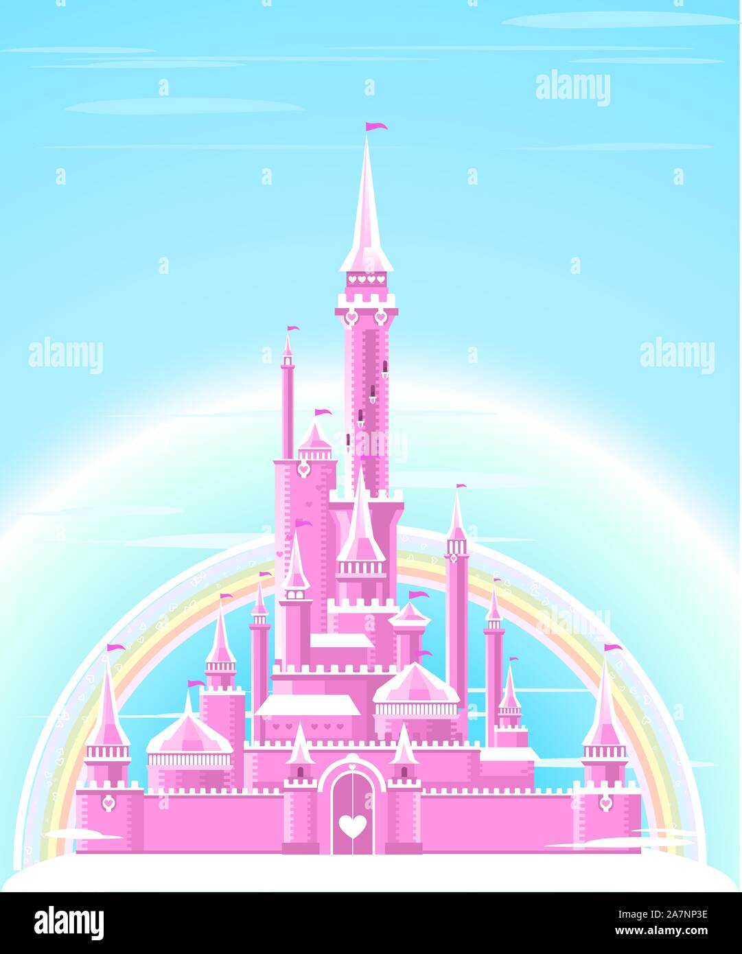 Fairy-tale Pink Sparkly Palace Castle Fortress with Rainbow and flag vector illustration. Stock Vector