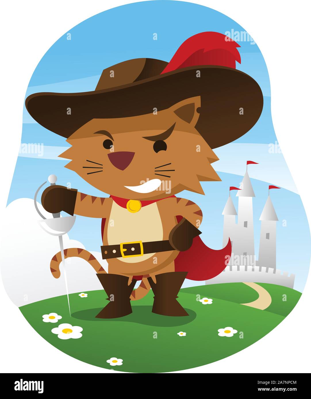 Puss in boots with wise funny face and sword, with castle behind him, hat feather, cape, sword, and vector illustration Stock Vector Image Art - Alamy