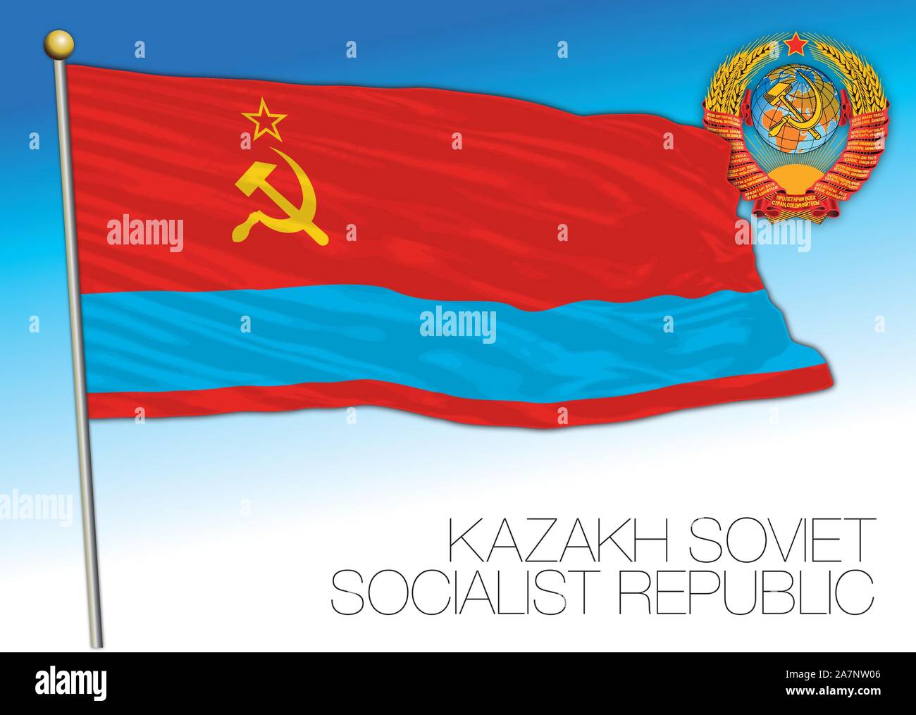 Kazakh historical flag with Soviet Union coat of arms, vector illustration, Kazakistan Stock Vector