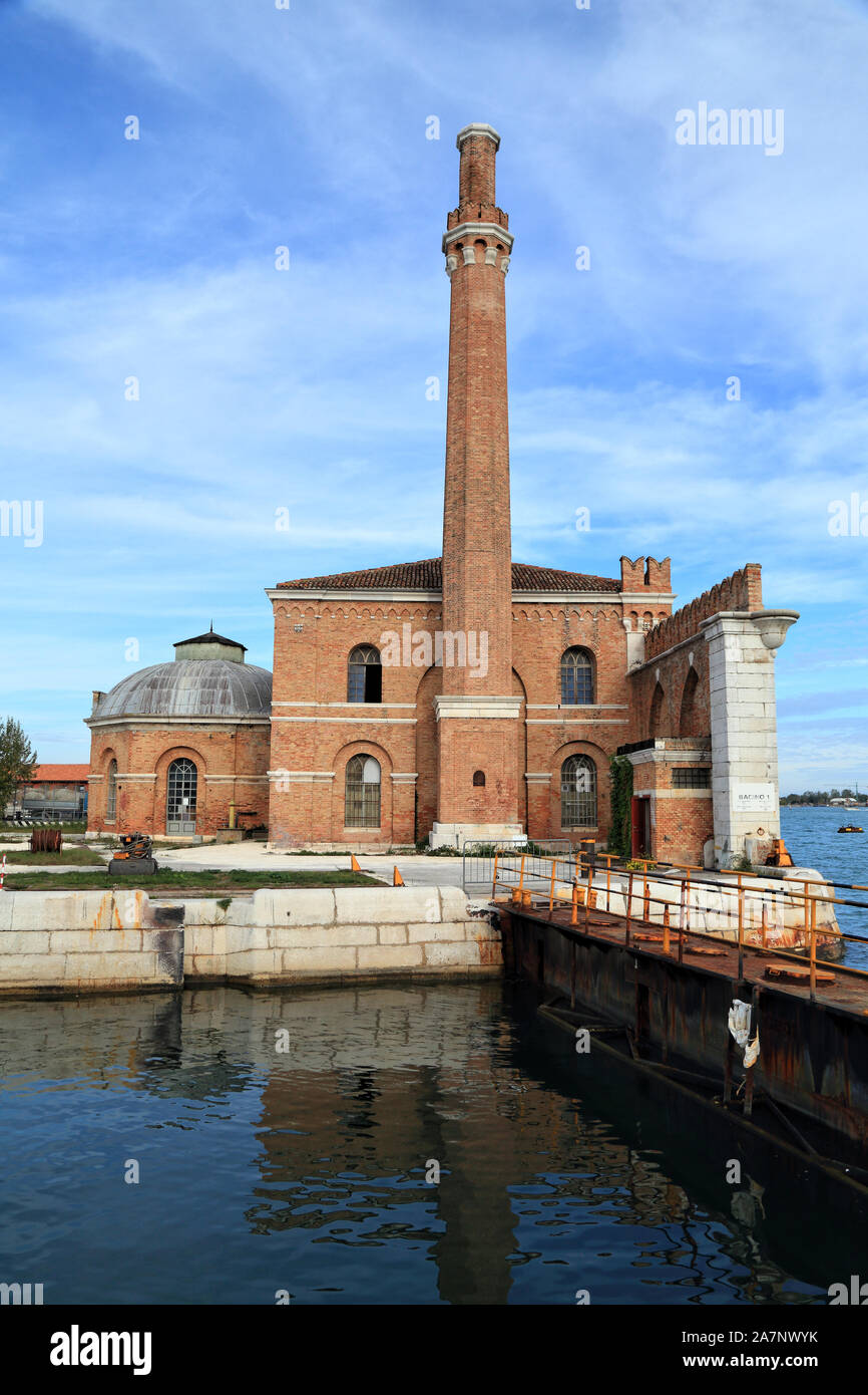 Chimney and steam engine pump house at the north side of the Arsenale Stock Photo