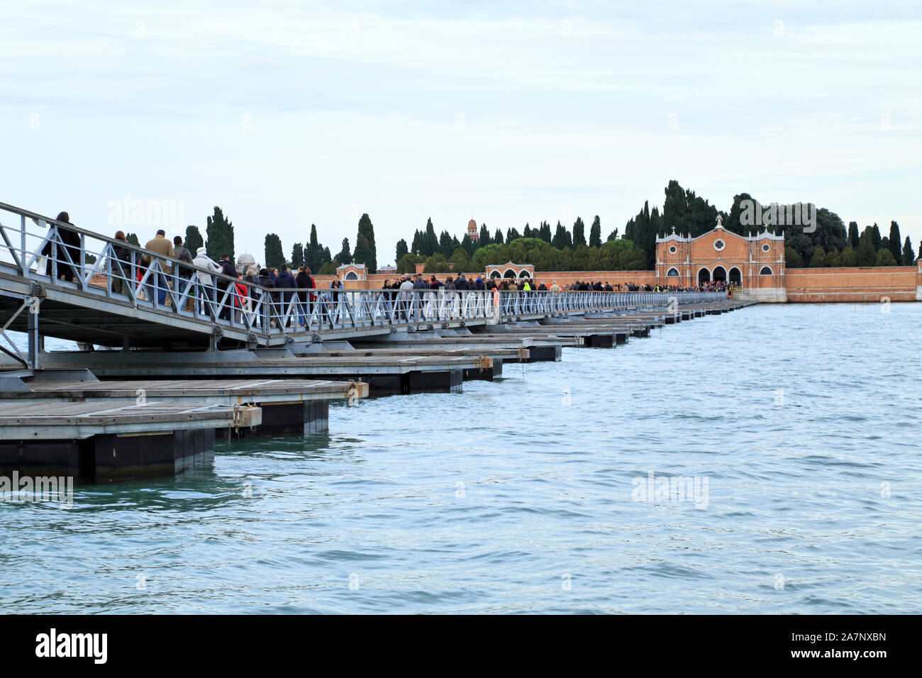 Pontoon bridge to San Michele Cemetery Island, Venice 2019. Ponte dei Santi e Defunti. Ponte galleggiante per il Cimitero di San Michele, Venezia Stock Photo