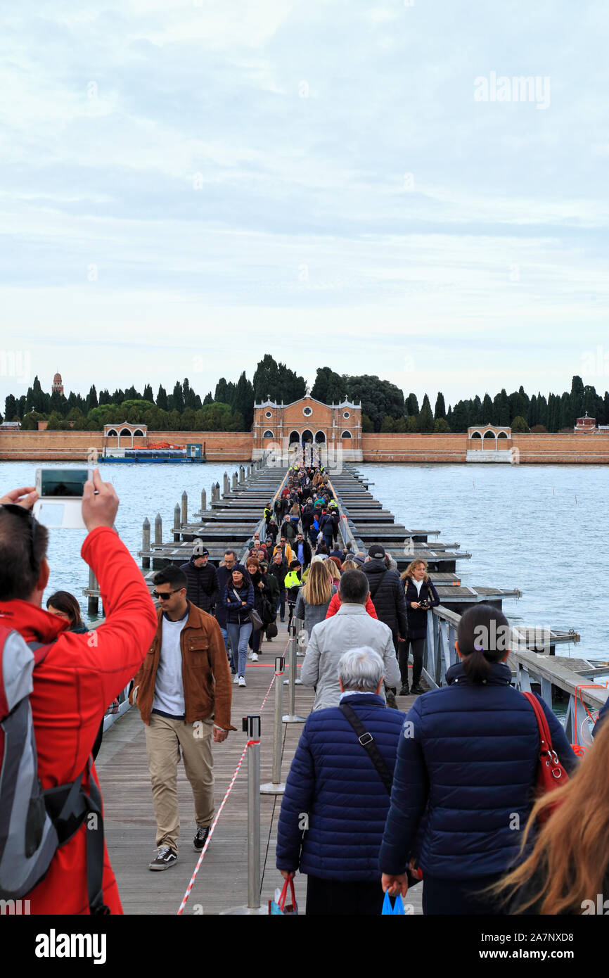Pontoon bridge to San Michele Cemetery Island, Venice 2019. Ponte dei Santi e Defunti. Ponte galleggiante per il Cimitero di San Michele, Venezia Stock Photo