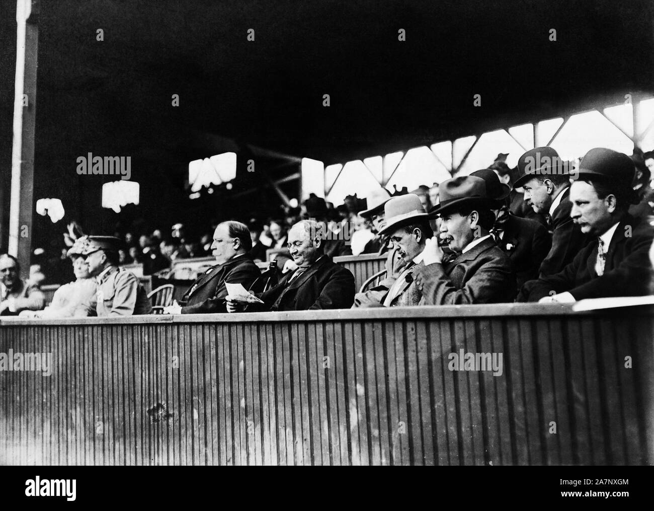 U.S. President William Howard Taft and U.S. Vice President James Sherman attending Baseball Game, Boundary Field (aka American League Park II and National Park), Washington, D.C., USA, Photograph by Barnett McFee Clinedinst, May 5, 1909 Stock Photo
