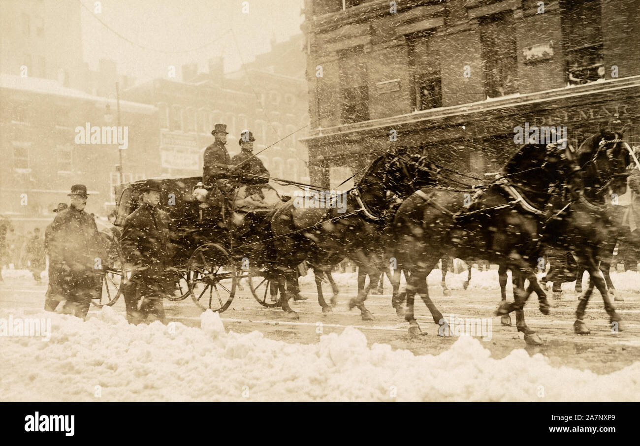 U.S. President-Elect William Howard Taft and U.S. President Theodore Roosevelt Driving to Taft's Inauguration in Horse-Drawn Carriage in Snowstorm, Washington, D.C., USA, Photograph by George Grantham Bain, March 4, 1909 Stock Photo