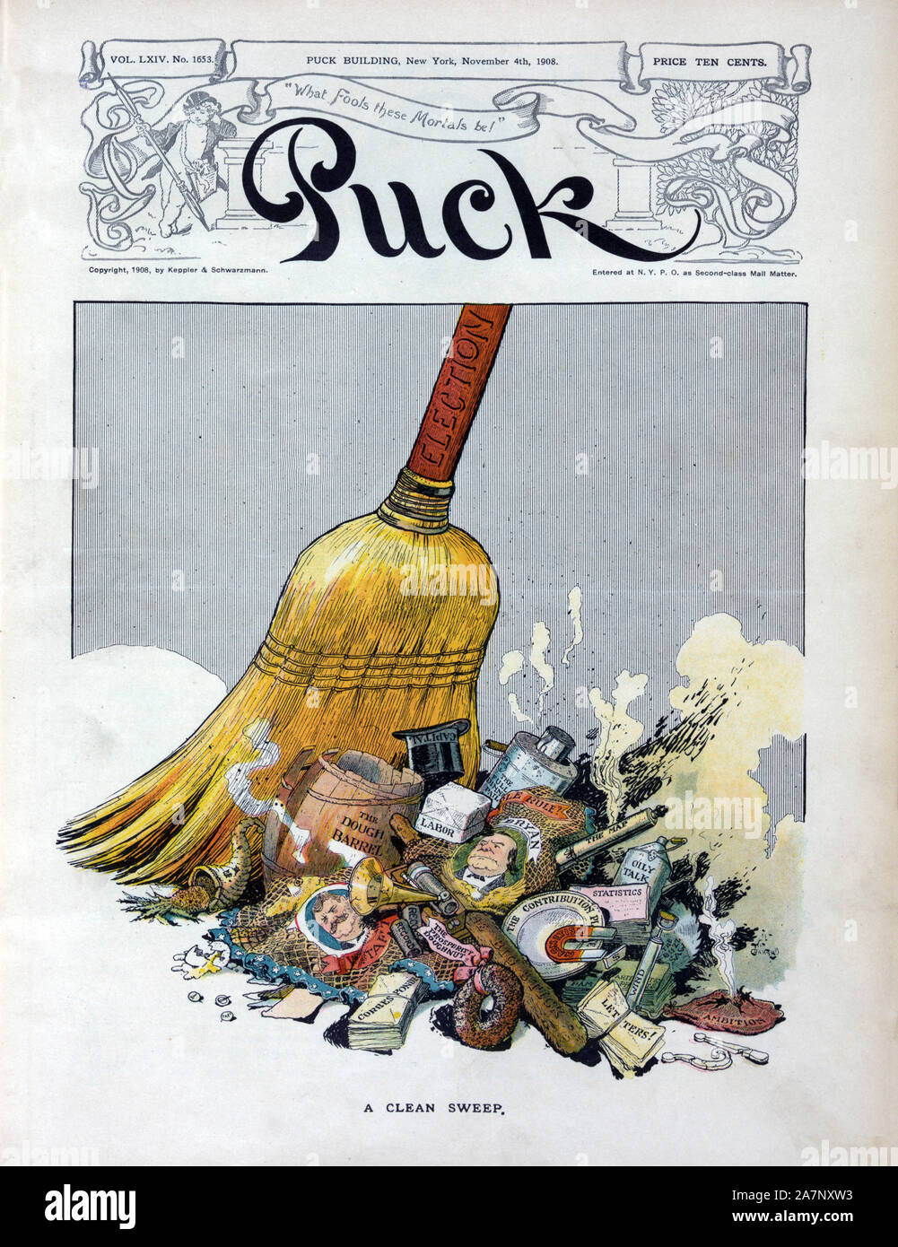 'A Clean Sweep', Large Broom labeled 'Election' Sweeping up Trash of Campaigns of William Jennings Bryan and William H. Taft, Artwork by Will Crawford, Lithograph by J. Ottmann Lith. Co., Puck Magazine, Keppler & Schwarzmann, November 4, 1908 Stock Photo