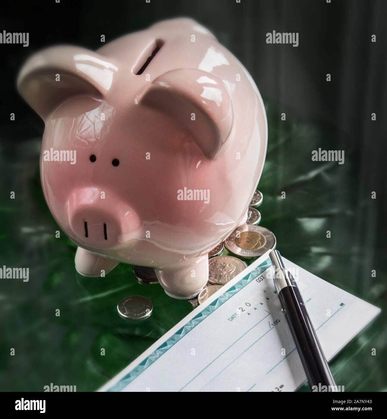 Piggy bank, totally embarrassed after giving his meager savings to his owner .. Stock Photo