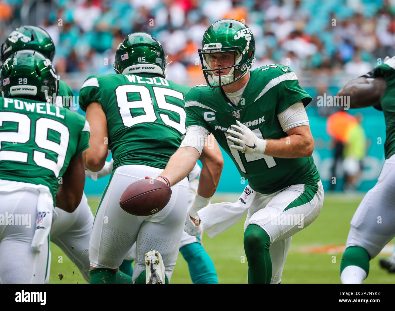 East Rutherford, New Jersey, USA. 24th Nov, 2019. New York Jets running  back Bilal Powell (29) looks for running room during a NFL game between the  Oakland Raiders and the New York