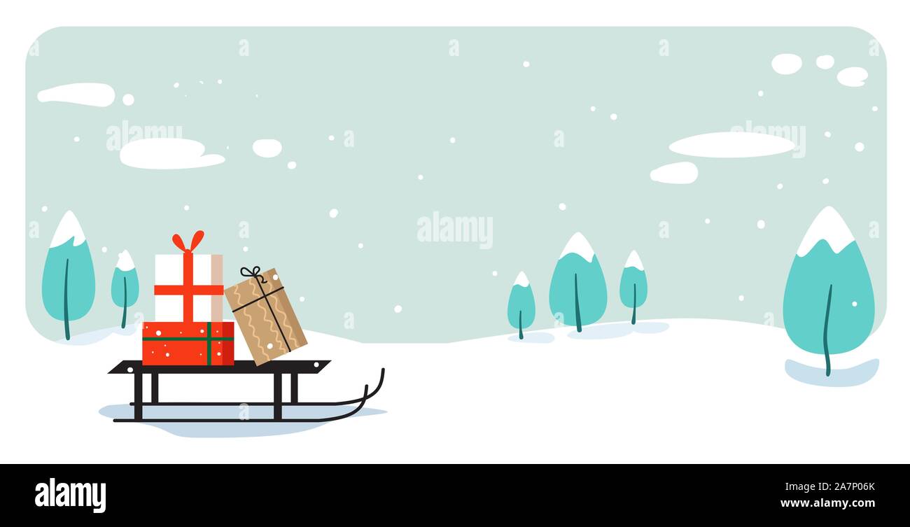santa claus sleigh with present box merry christmas happy new year holiday celebration concept greeting card winter snowy landscape background horizontal vector illustration Stock Vector