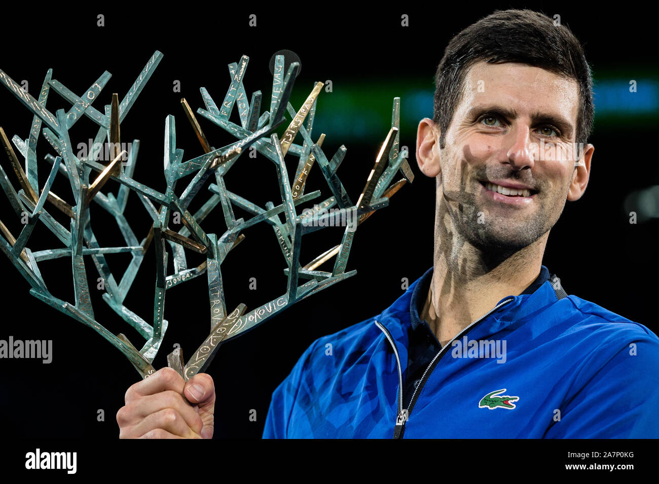 Paris, France. 3rd Nov, 2019. Novak Djokovic of Serbia poses with the  trophy after the final match against Denis Shapovalov of Canada at the Rolex  Paris Masters 1000 held at the AccorHotels