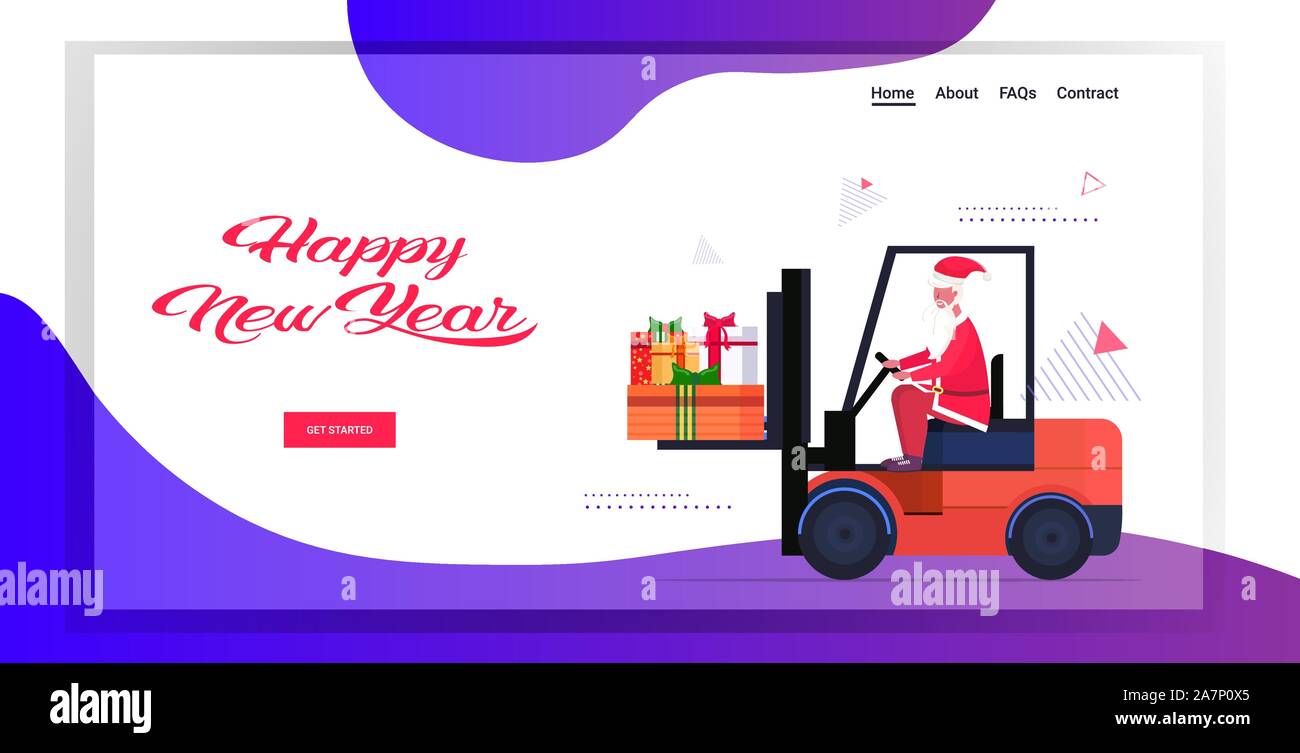 santa claus driving forklift truck loading colorful gift present boxes ...