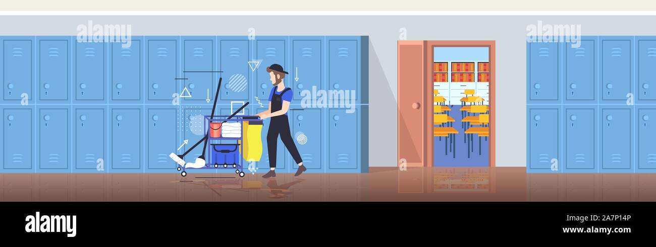 man cleaner pushing trolley cart with supplies male janitor in uniform cleaning service concept modern school corridor interior with row of lockers full length horizontal vector illustration Stock Vector