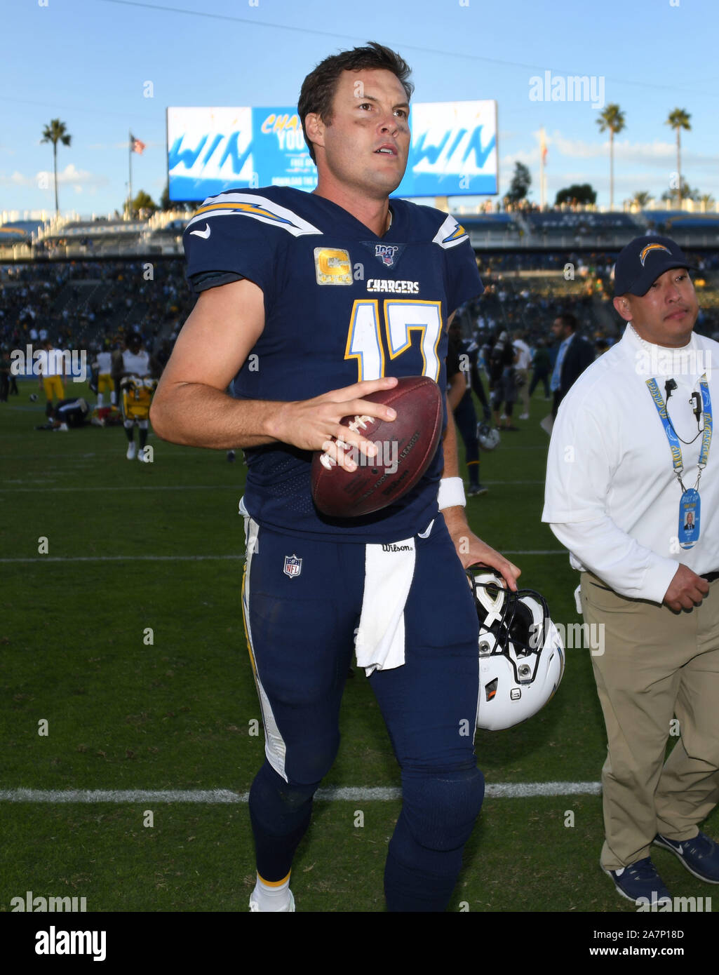 Carson, United States. 03rd Nov, 2019. Los Angeles Chargers' quarterback Philip Rivers come off the field postgame after victory over the Green Bay Packers at Dignity Health Sports Park in Carson, California on November 3, 2019. The Chargers beat the Packers 26-11.Photo by Jon SooHoo/UPI Credit: UPI/Alamy Live News Stock Photo